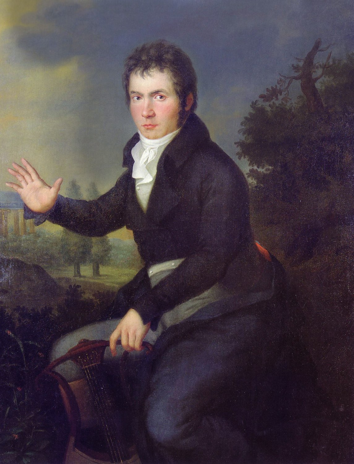 Beethoven holding a lyre, portrait by Mähler